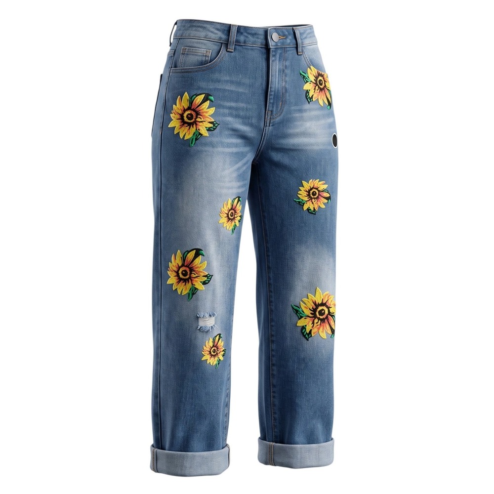 Painted Floral Light Distressing 30x29 Jeans Size XL Misslook Style Embroidered